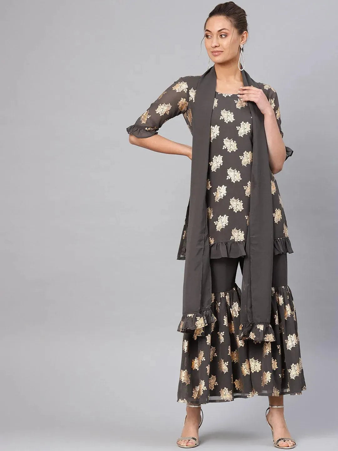 Anouk Grey Printed Georgette Straight Kurta With Sharara & Stole