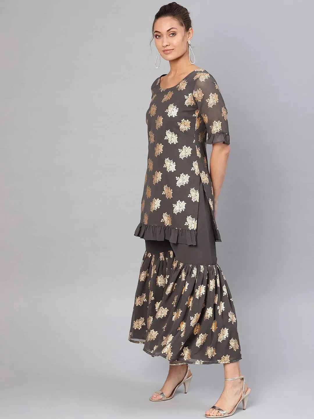 Anouk Grey Printed Georgette Straight Kurta With Sharara & Stole