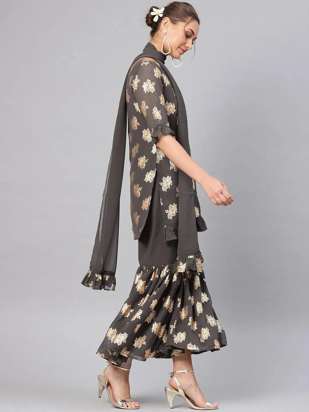Anouk Grey Printed Georgette Straight Kurta With Sharara & Stole