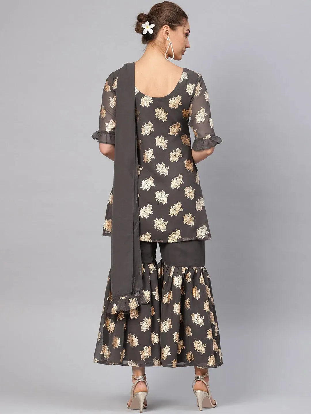 Anouk Grey Printed Georgette Straight Kurta With Sharara & Stole