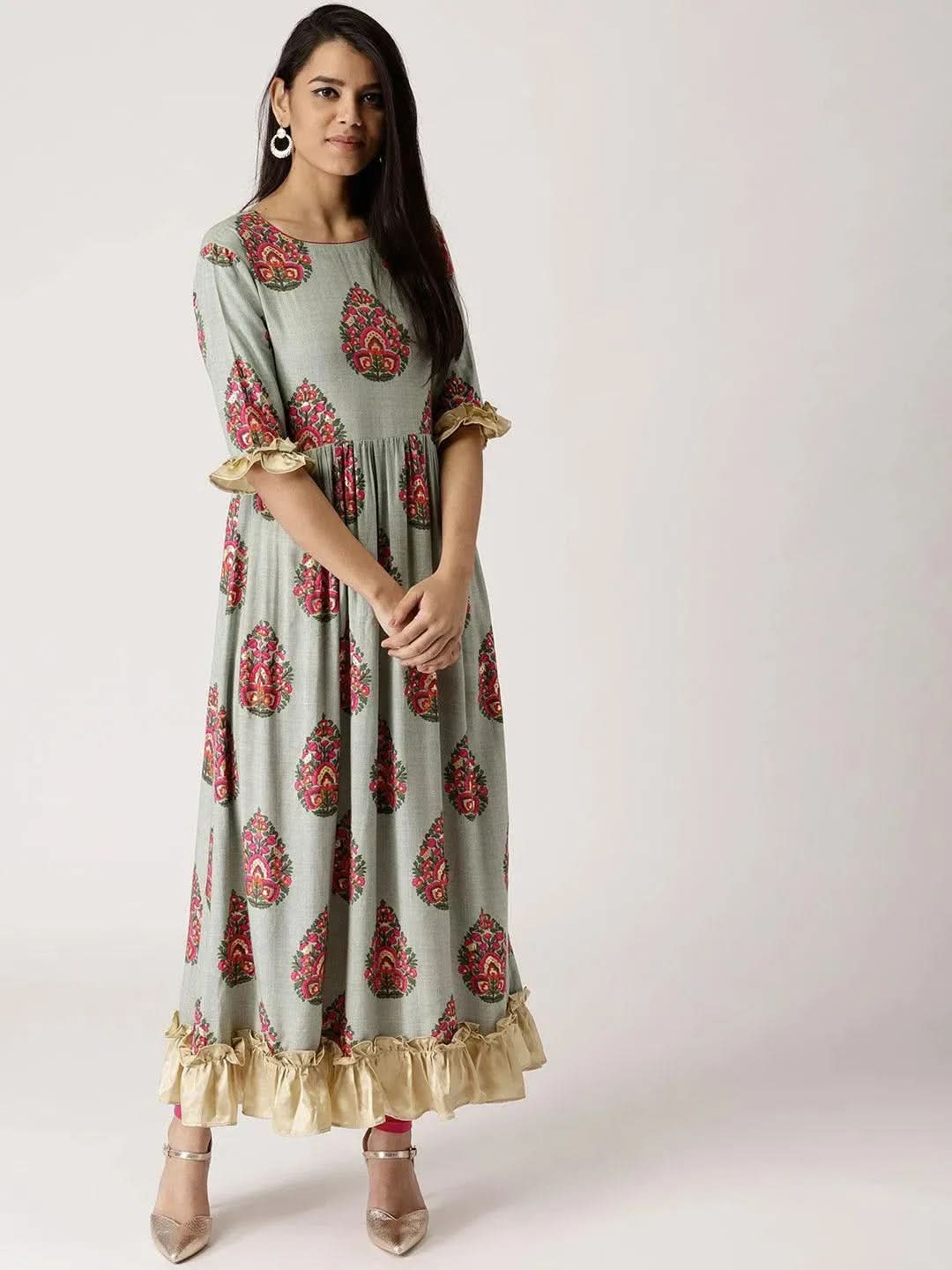 Anouk Grey Printed Rayon Dress