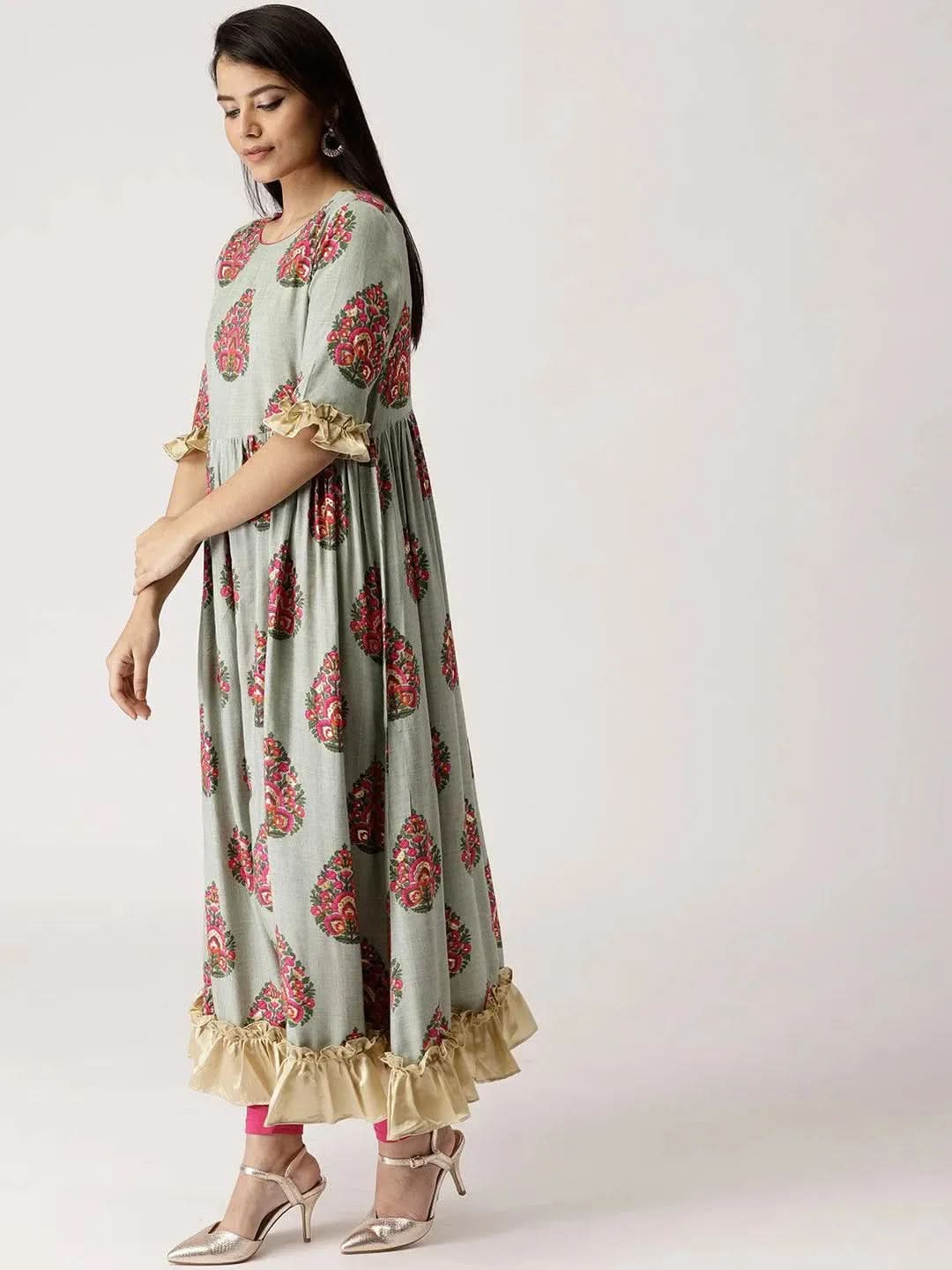 Anouk Grey Printed Rayon Dress