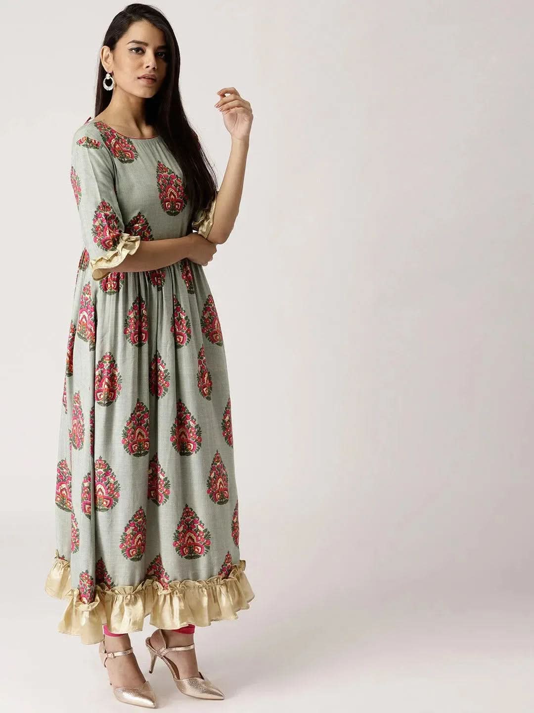 Anouk Grey Printed Rayon Dress