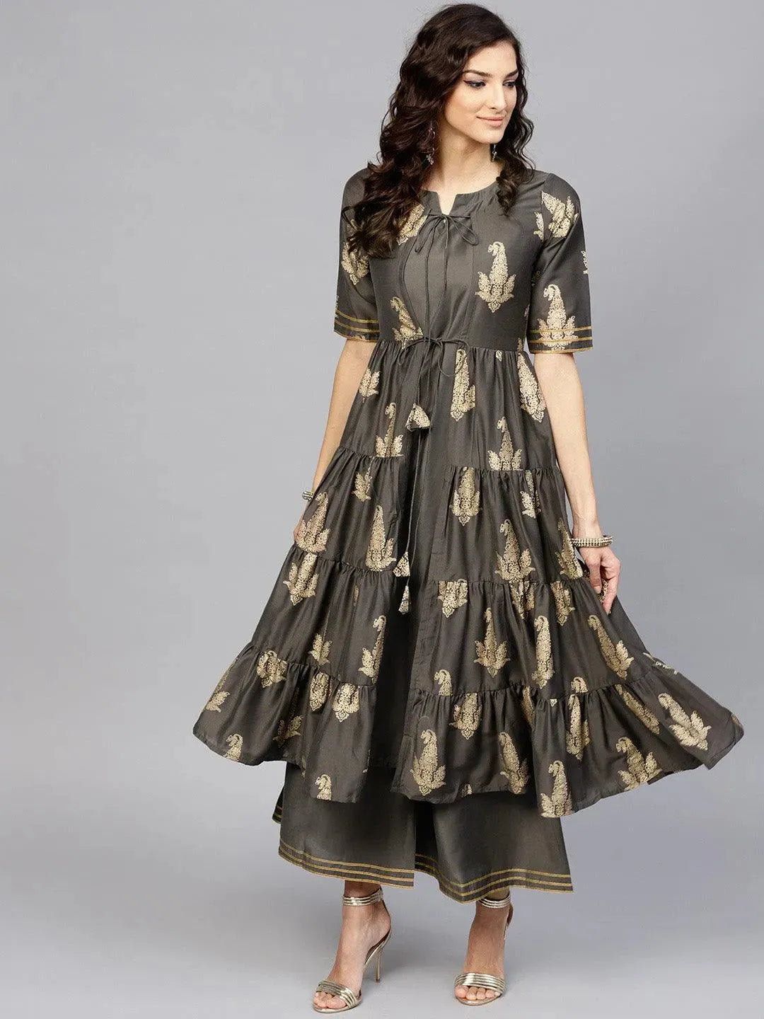 Anouk Grey Printed Silk Anarkali Kurta With Palazzos