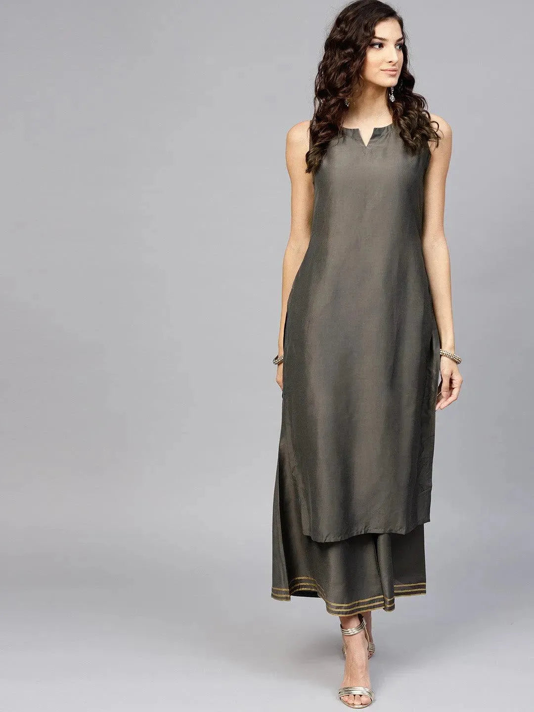 Anouk Grey Printed Silk Anarkali Kurta With Palazzos
