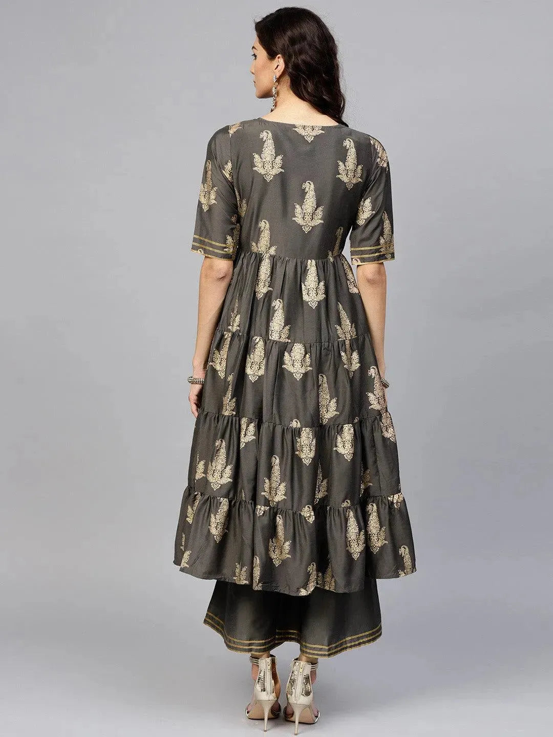 Anouk Grey Printed Silk Anarkali Kurta With Palazzos