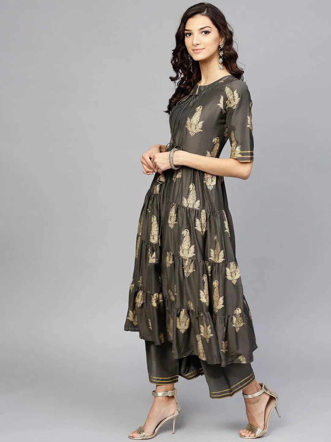 Anouk Grey Printed Silk Anarkali Kurta With Palazzos