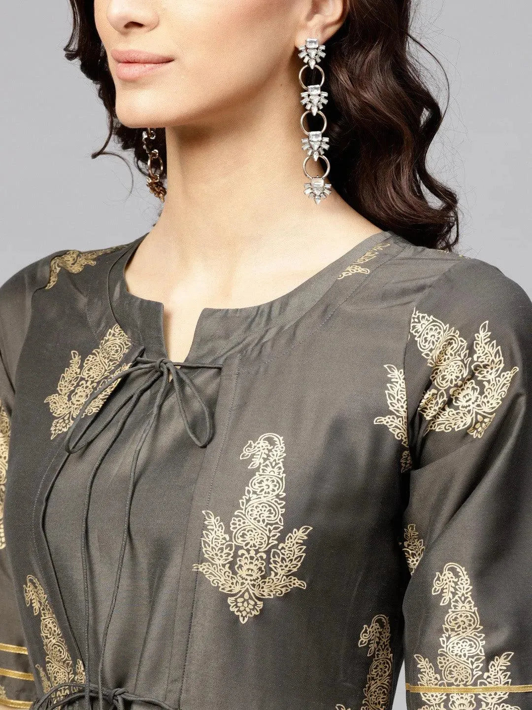 Anouk Grey Printed Silk Anarkali Kurta With Palazzos