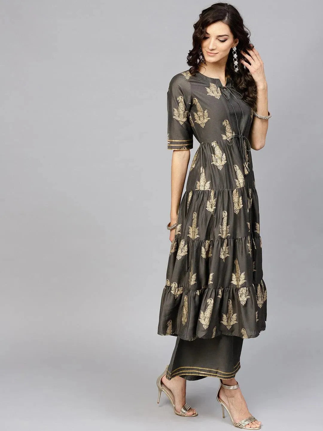 Anouk Grey Printed Silk Anarkali Kurta With Palazzos