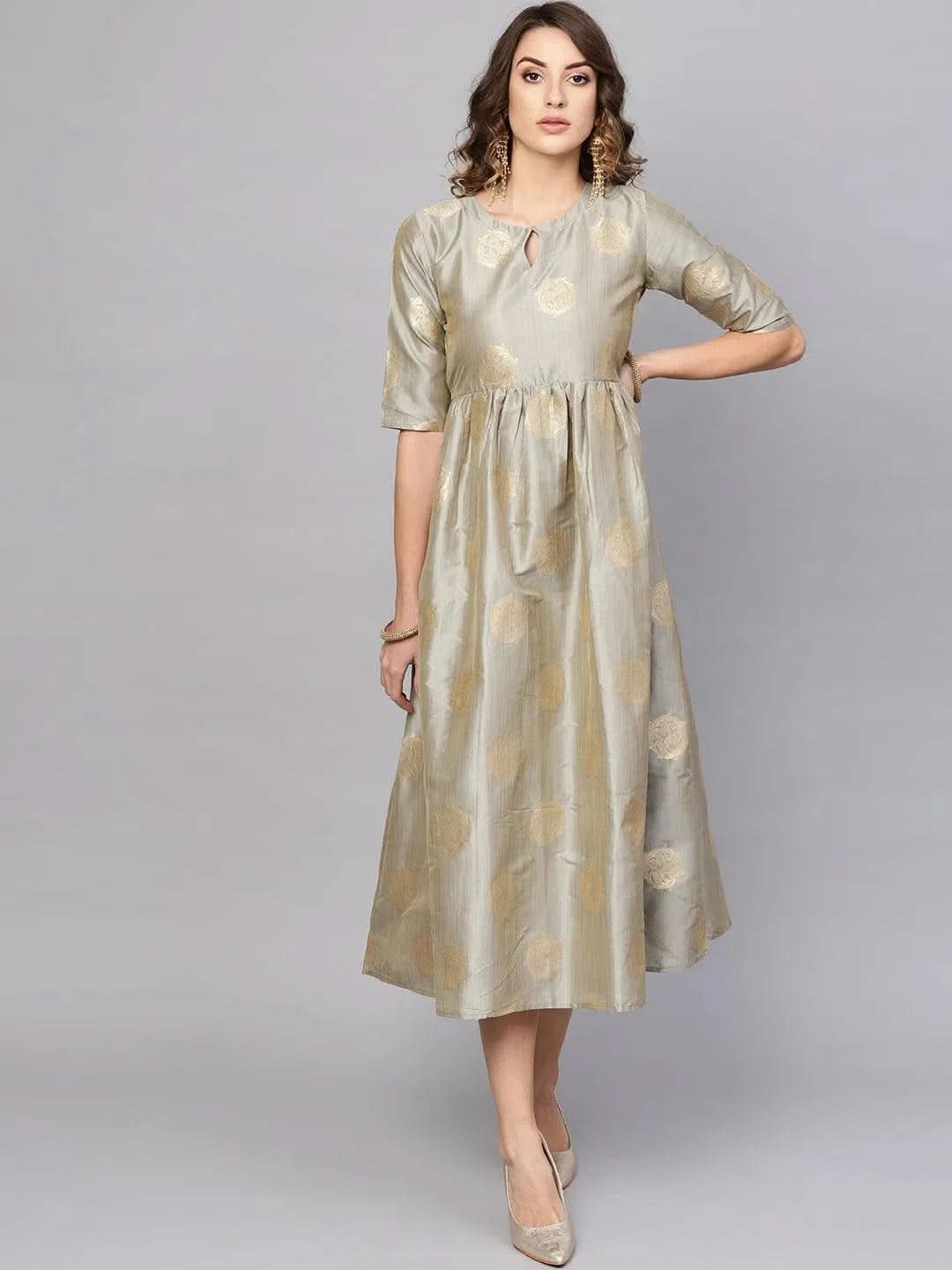 Anouk Grey Self Design Chanderi Dress