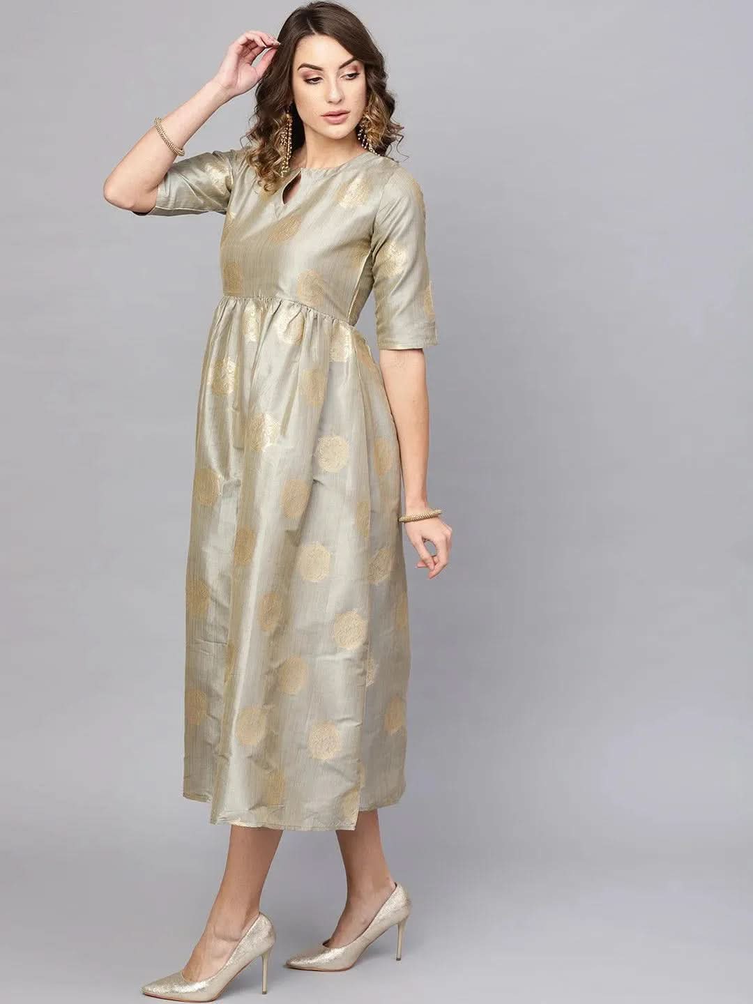 Anouk Grey Self Design Chanderi Dress