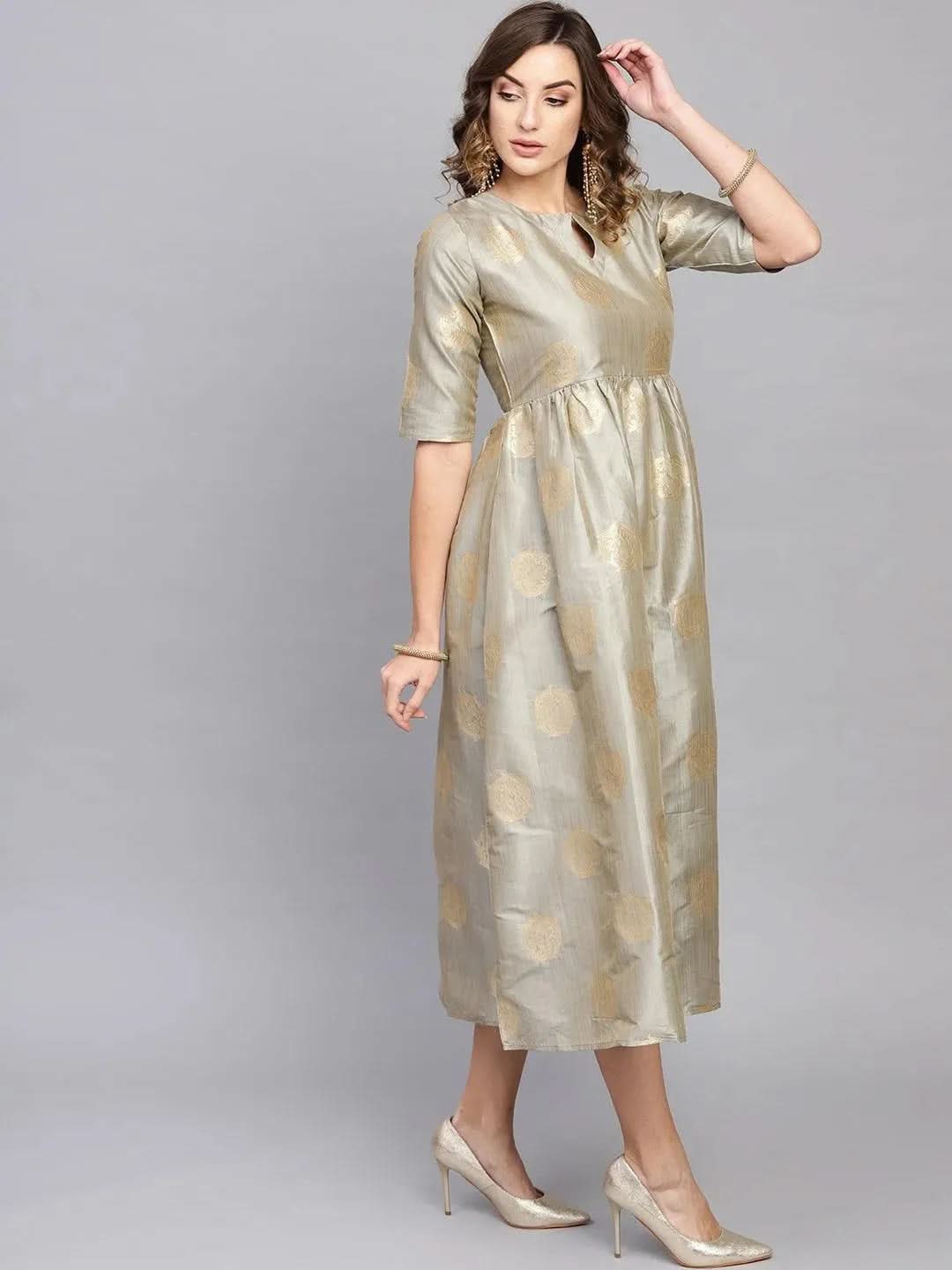 Anouk Grey Self Design Chanderi Dress