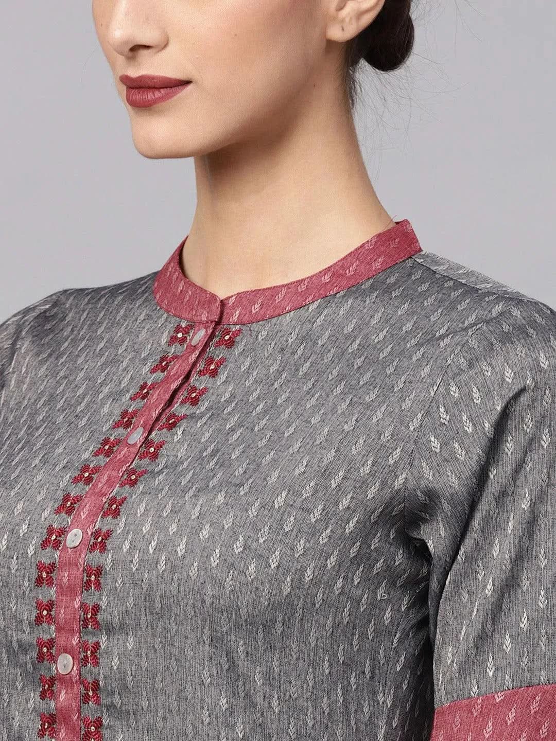 Anouk Grey Self Design Rayon Straight Kurta With Palazzos
