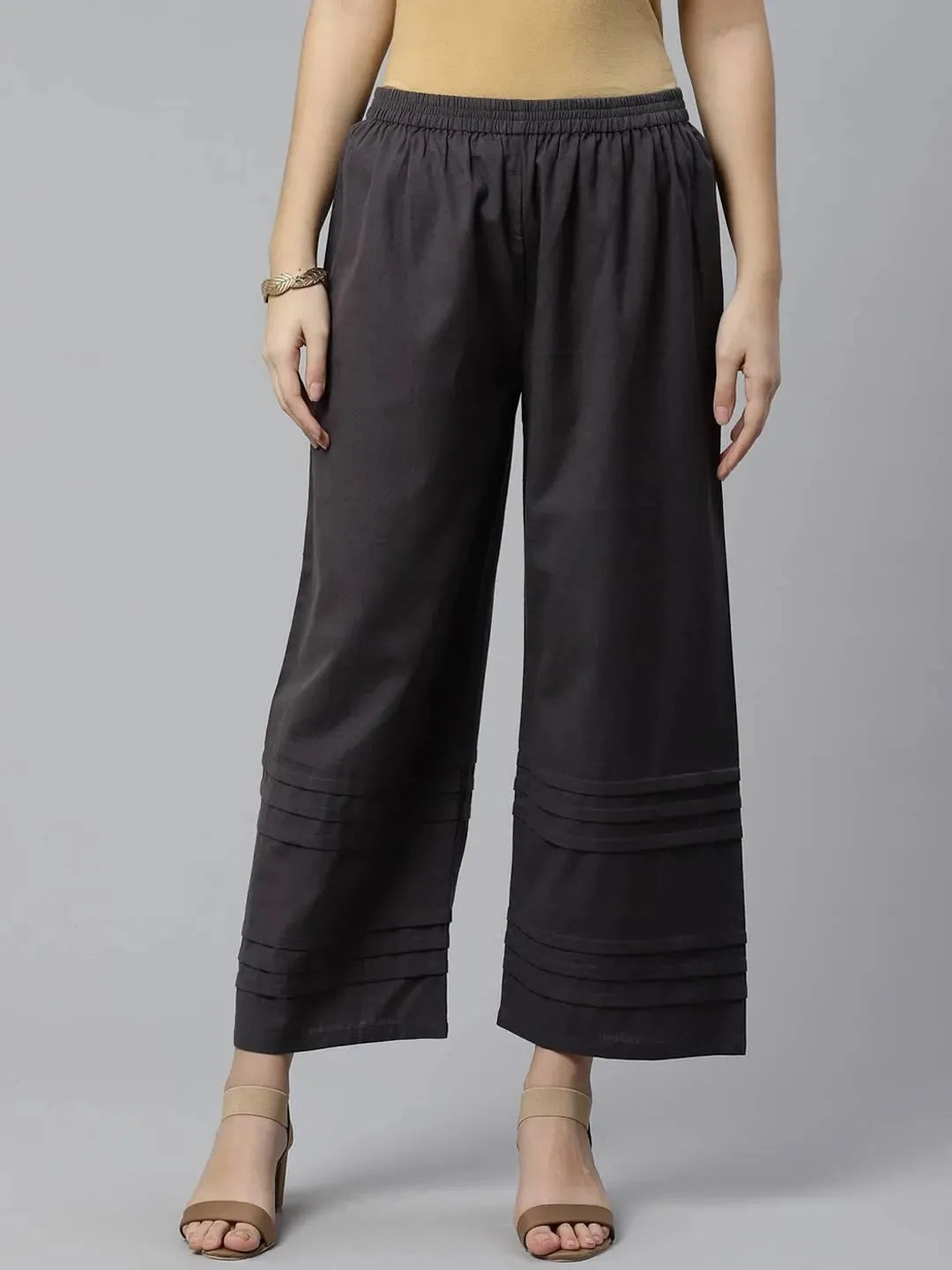Anouk Grey Solid Cotton Palazzos