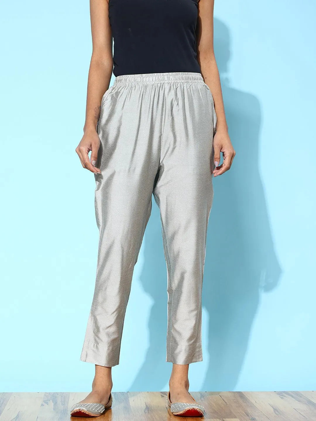Anouk Grey Solid Silk Trousers