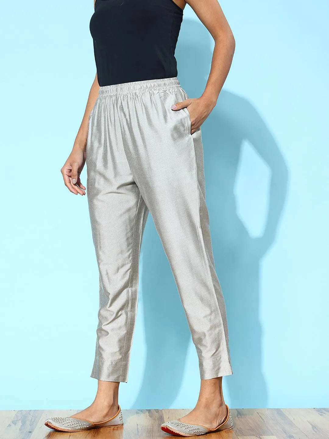 Anouk Grey Solid Silk Trousers