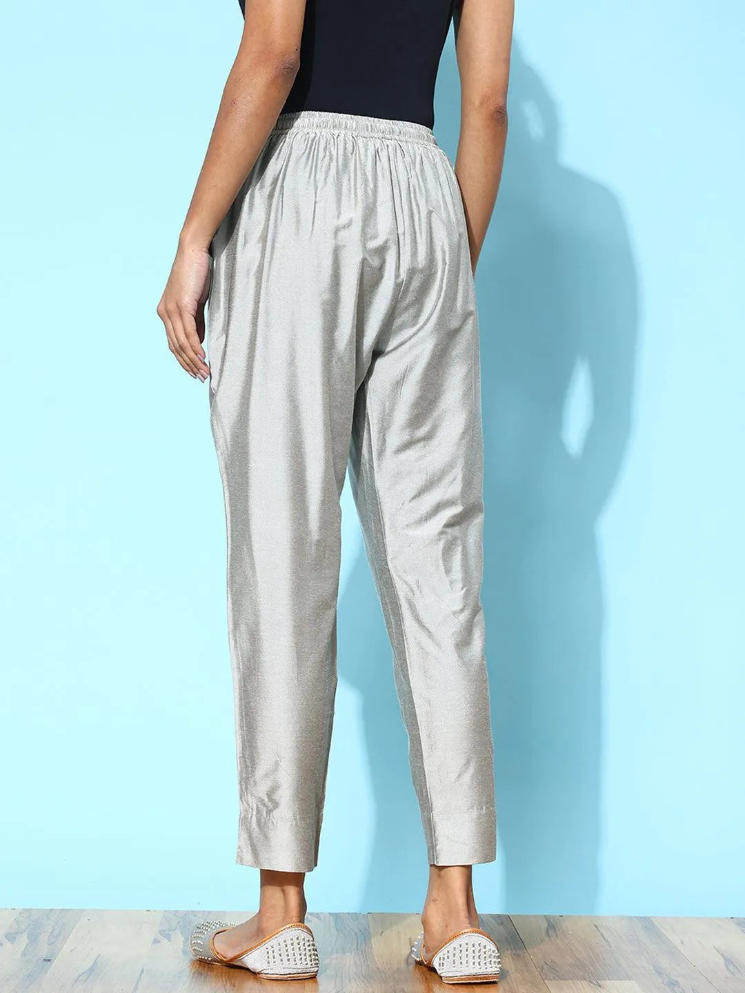 Anouk Grey Solid Silk Trousers