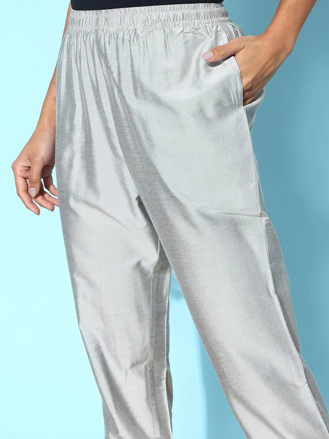 Anouk Grey Solid Silk Trousers