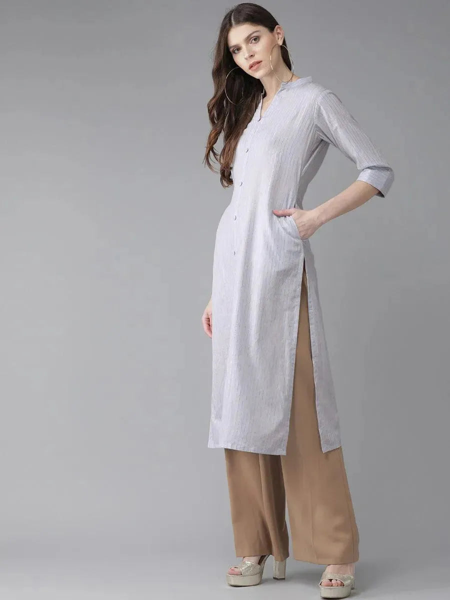 Anouk Grey Striped Cotton Kurta