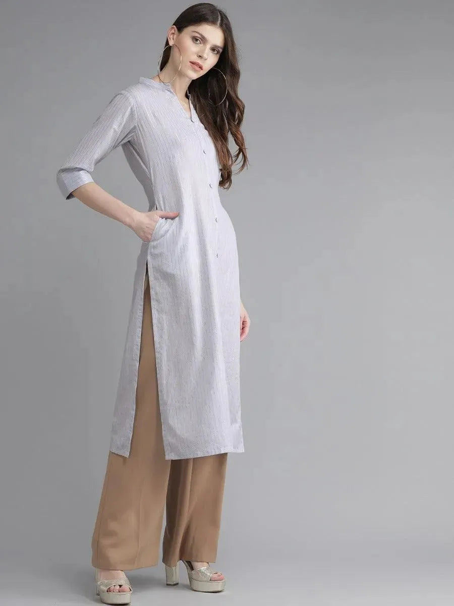 Anouk Grey Striped Cotton Kurta