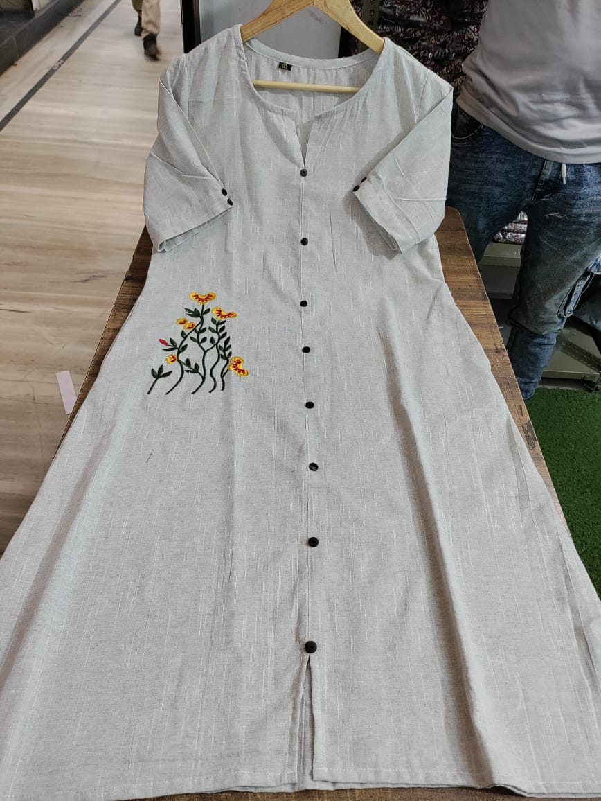Handloom Cotton Embroidered Front Button Kurti with Pocket