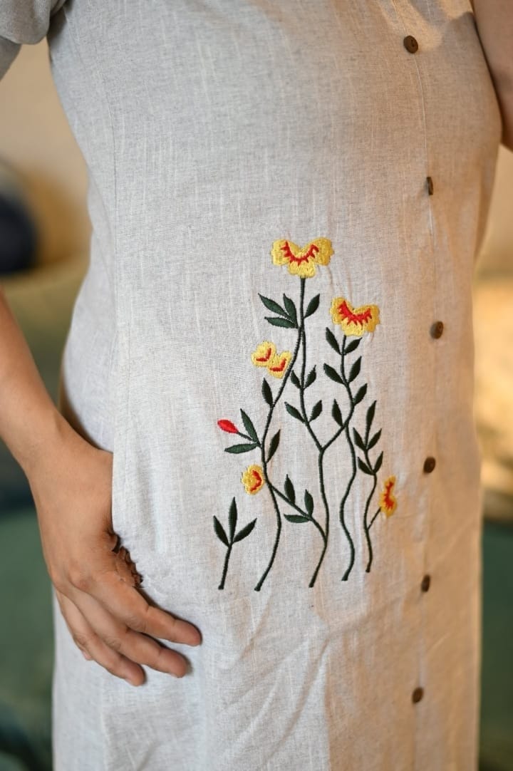 Handloom Cotton Embroidered Kurti with Front Buttons & Pocket