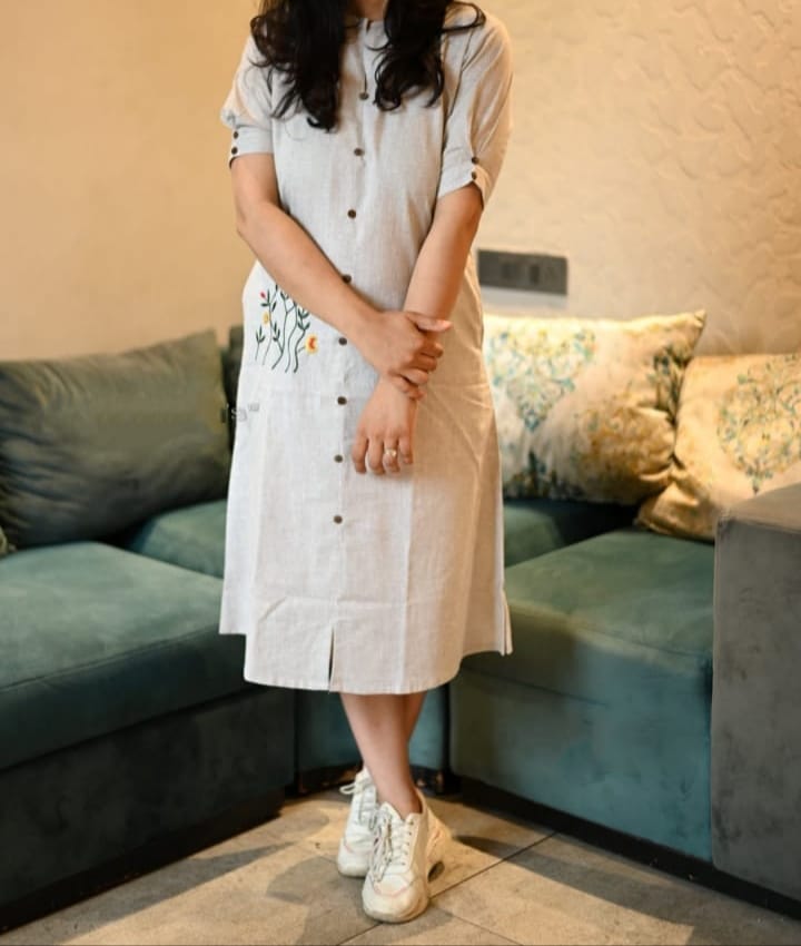 Handloom Cotton Embroidered Kurti with Front Buttons & Pocket
