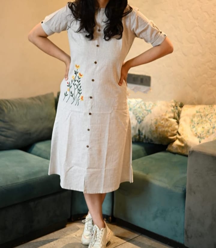 Handloom Cotton Embroidered Kurti with Pocket & Front Buttons