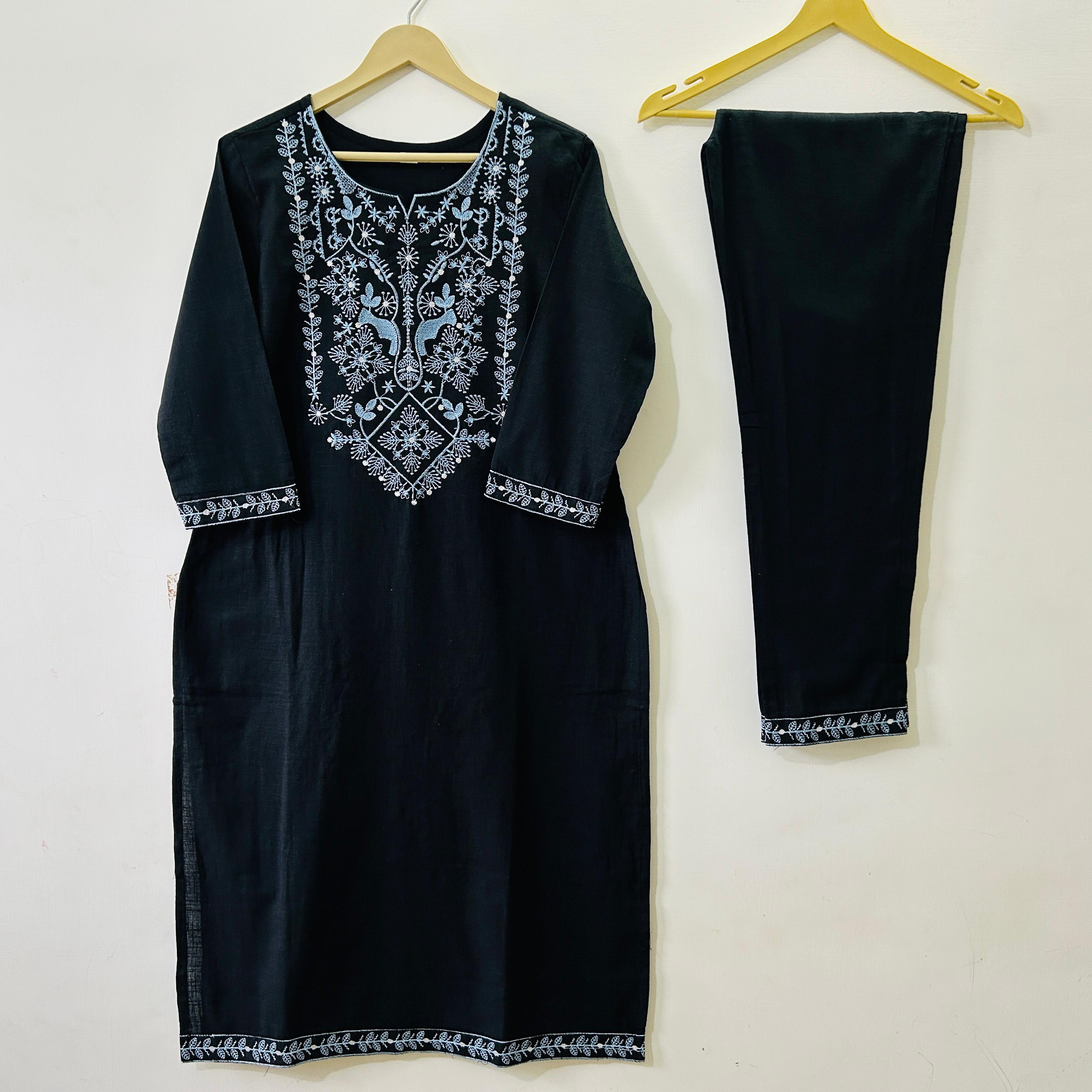 Handloom Embroidered Kurti Pant Set with Baatik Print Silk Dupatta