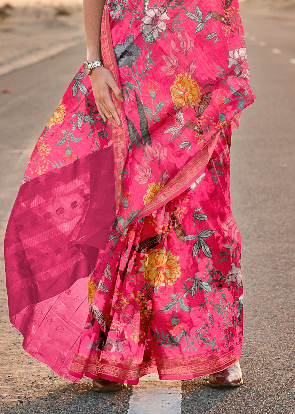 Hot Pink Elegant Tussar Silk Blend Saree with Blouse Piece