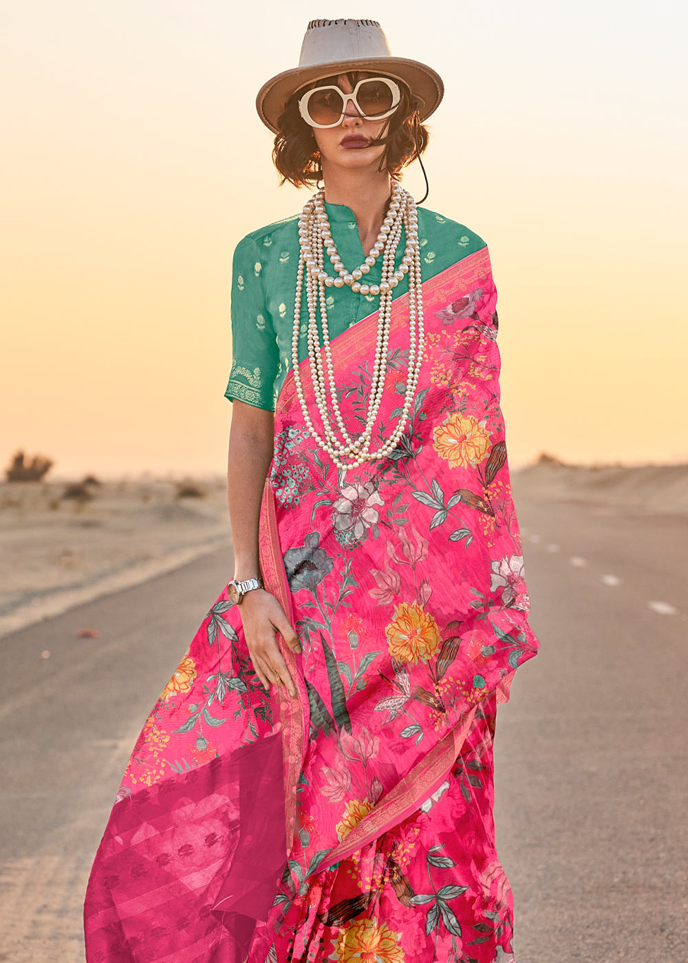 Hot Pink Elegant Tussar Silk Blend Saree with Blouse Piece