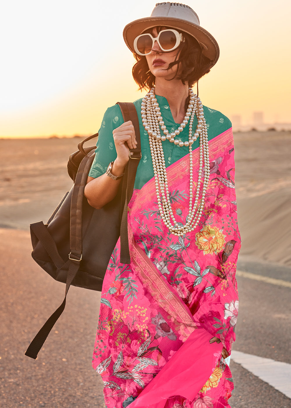 Hot Pink Elegant Tussar Silk Blend Saree with Blouse Piece