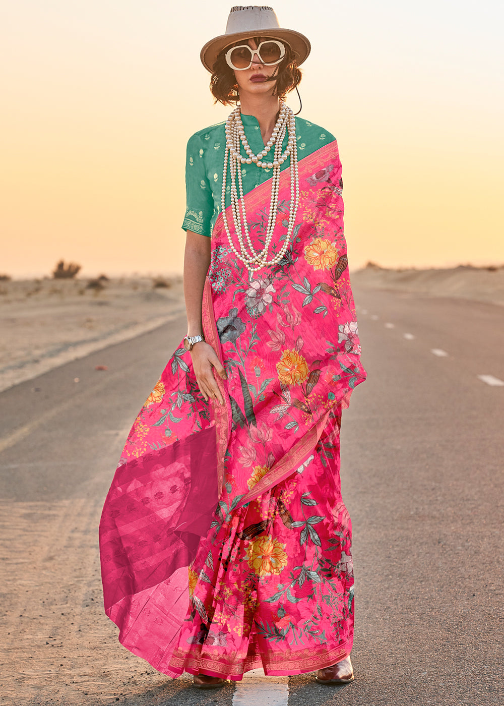 Hot Pink Elegant Tussar Silk Blend Saree with Blouse Piece
