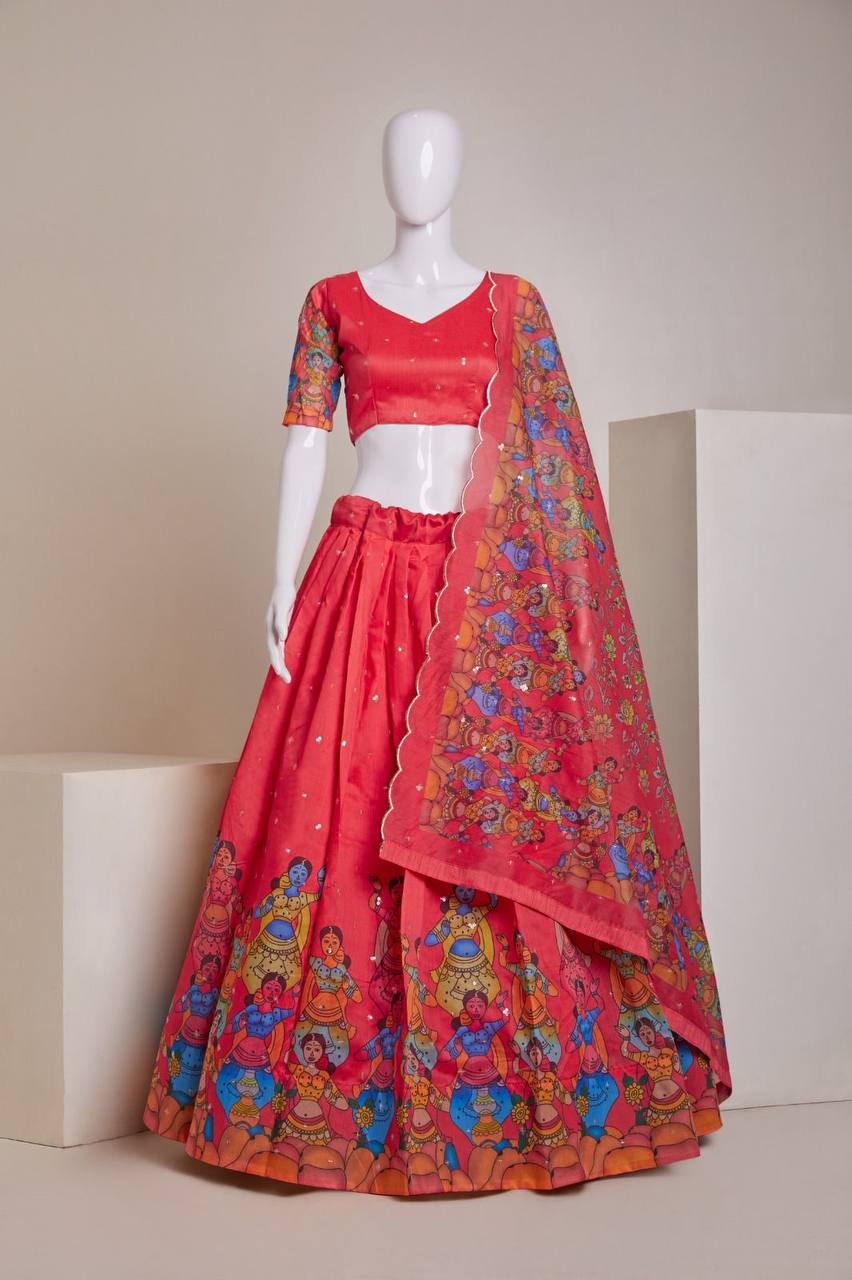 Hot Pink Luxury Heavy Silk Lehenga Set with Embroidery, Sequins & Printed Detailing