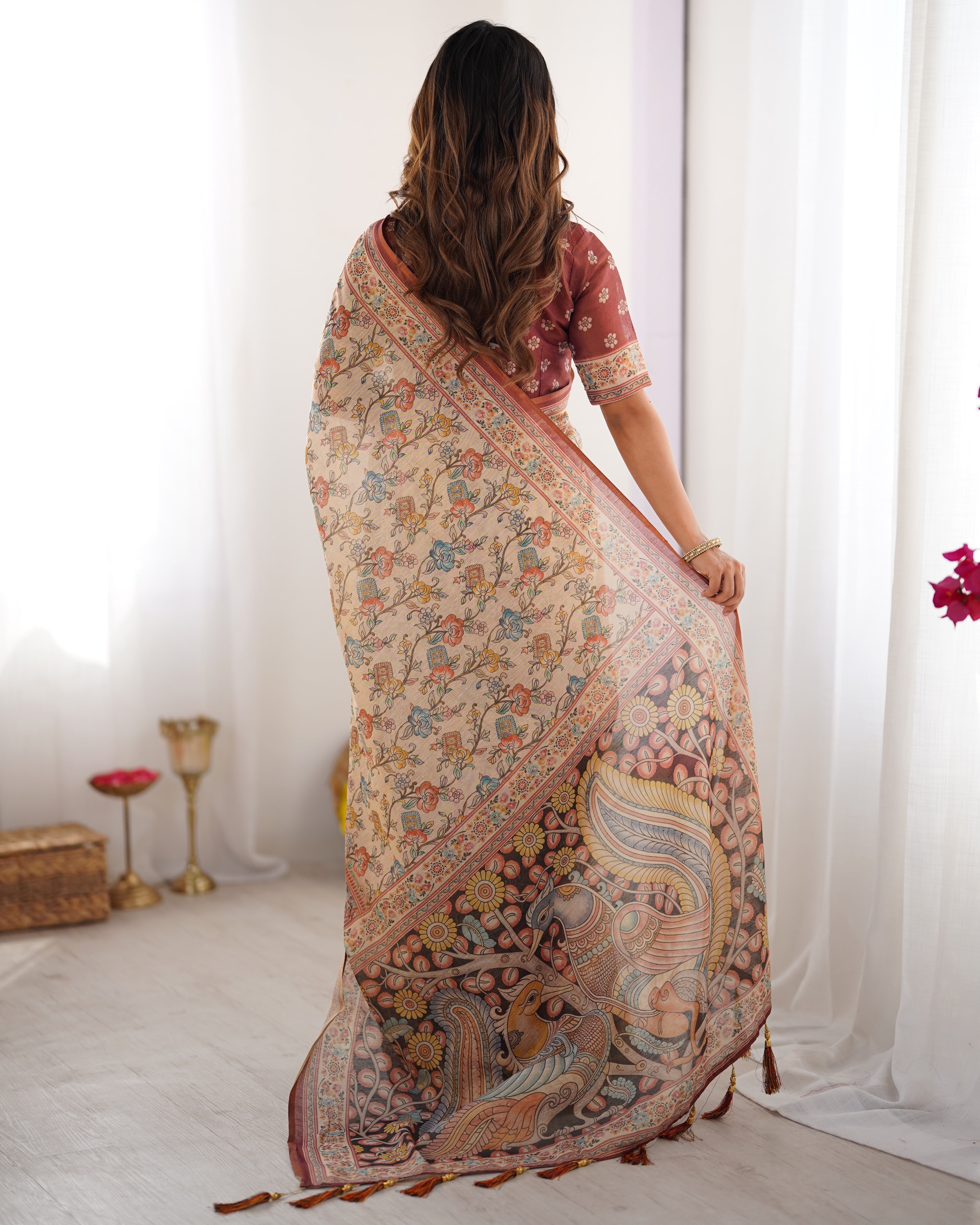 Beige & Maroon Handloom Cotton Saree with Multicolor Floral Print and Majestic Bird Art Pallu