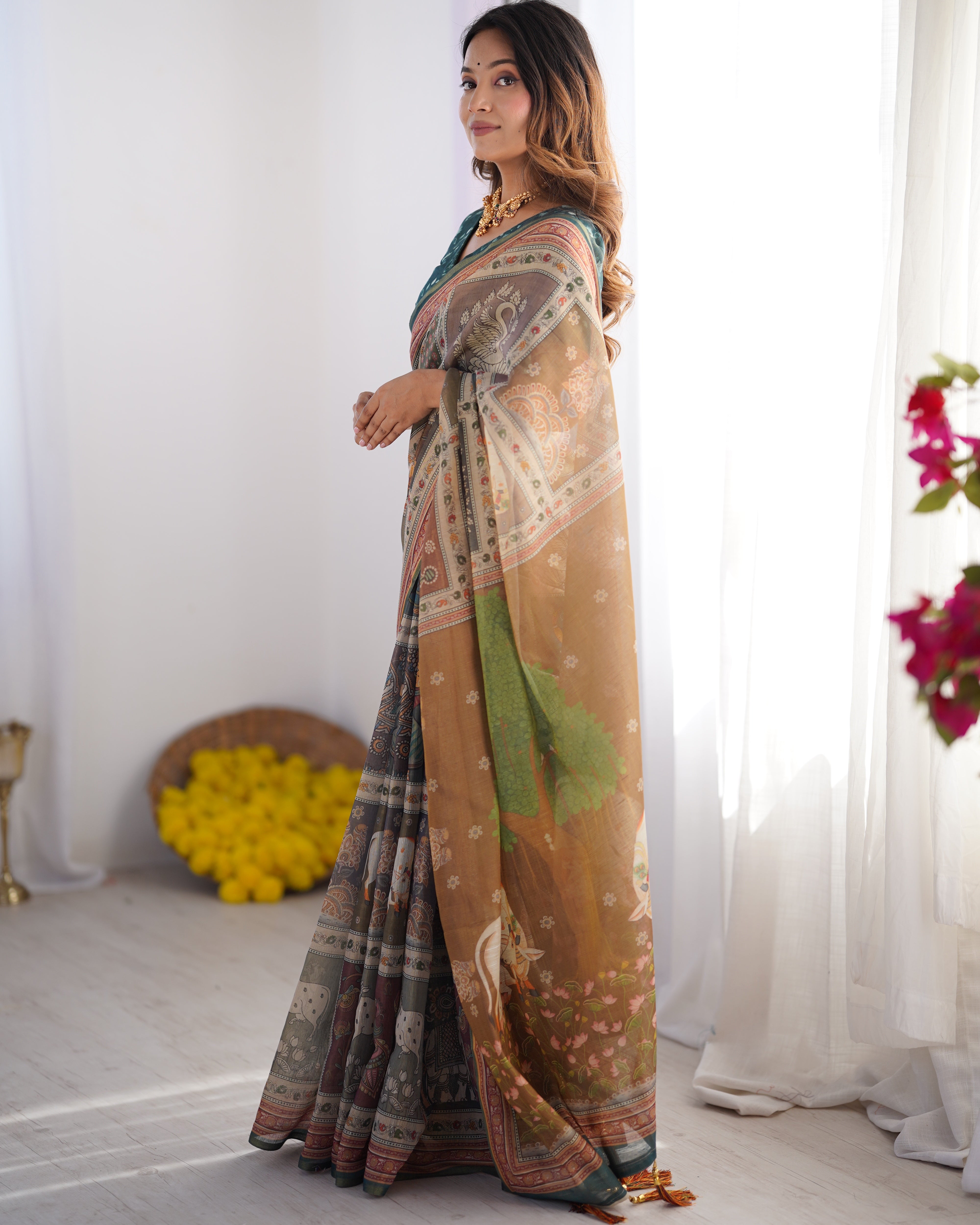 Teal Green & Brown Pure Linen Cotton Handloom Saree with Royal Cow & Tree Motif Pallu