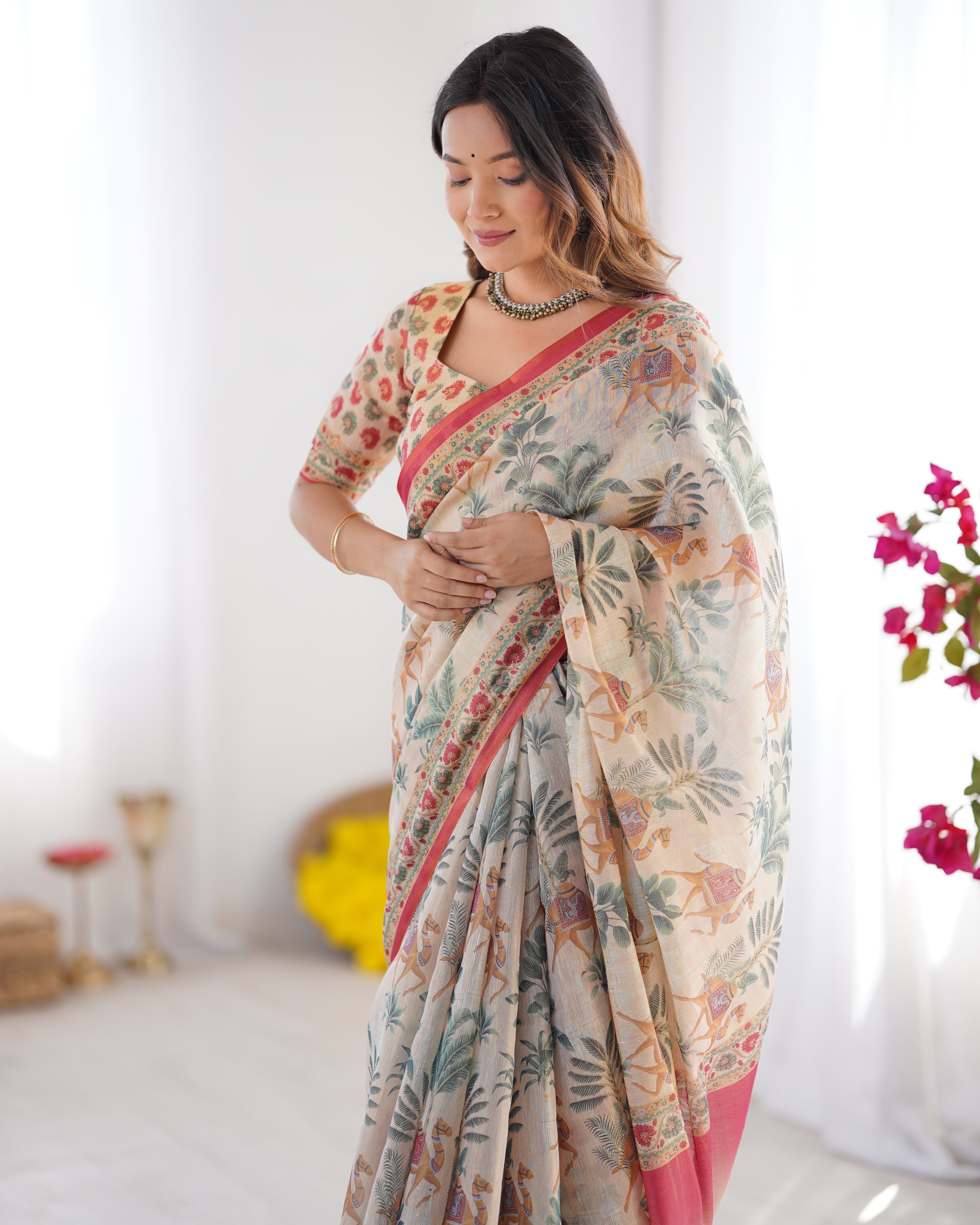 Beige & Red Handloom Linen Cotton Saree with Camel Caravan & Palace Artwork