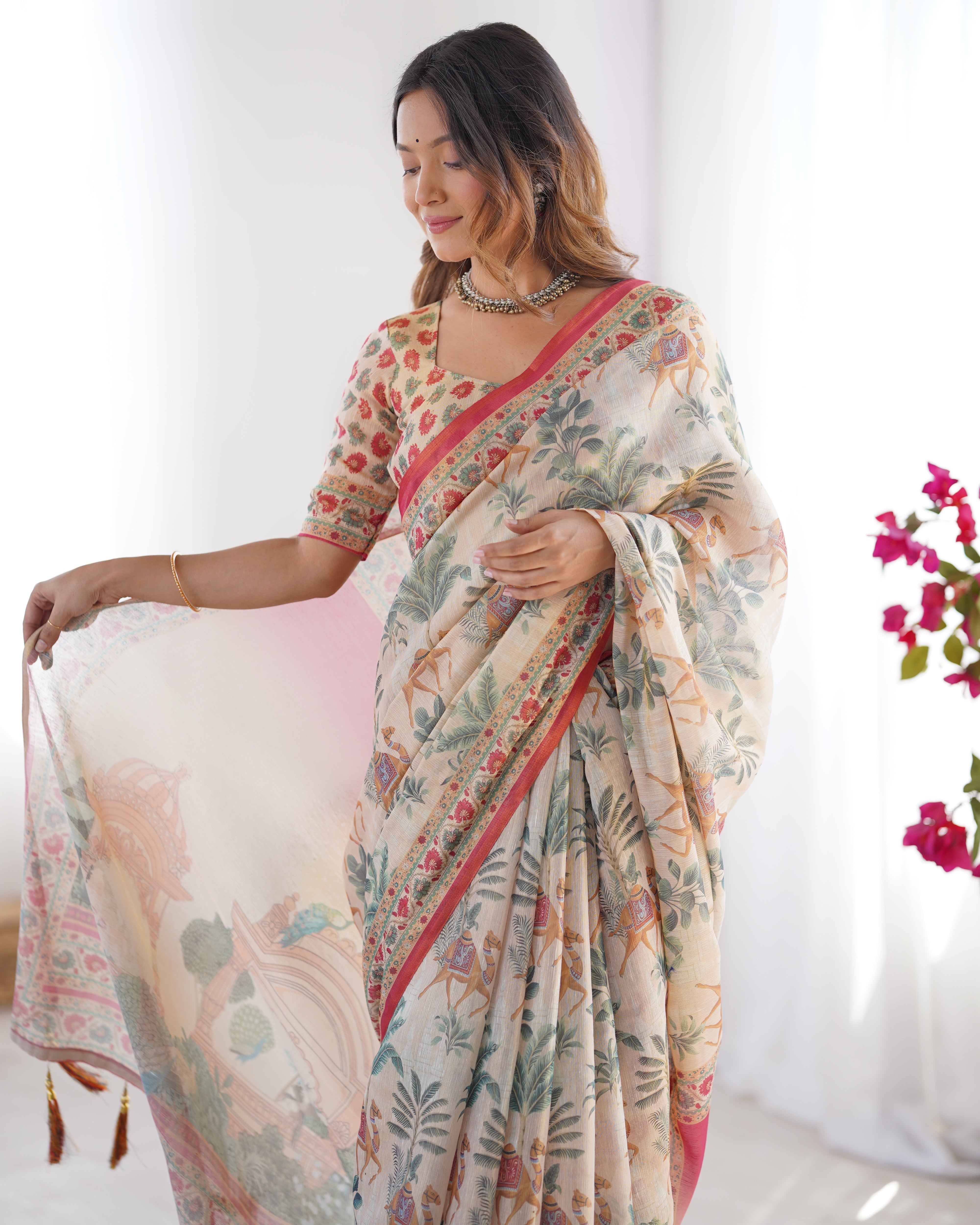 Beige & Red Handloom Linen Cotton Saree with Camel Caravan & Palace Artwork