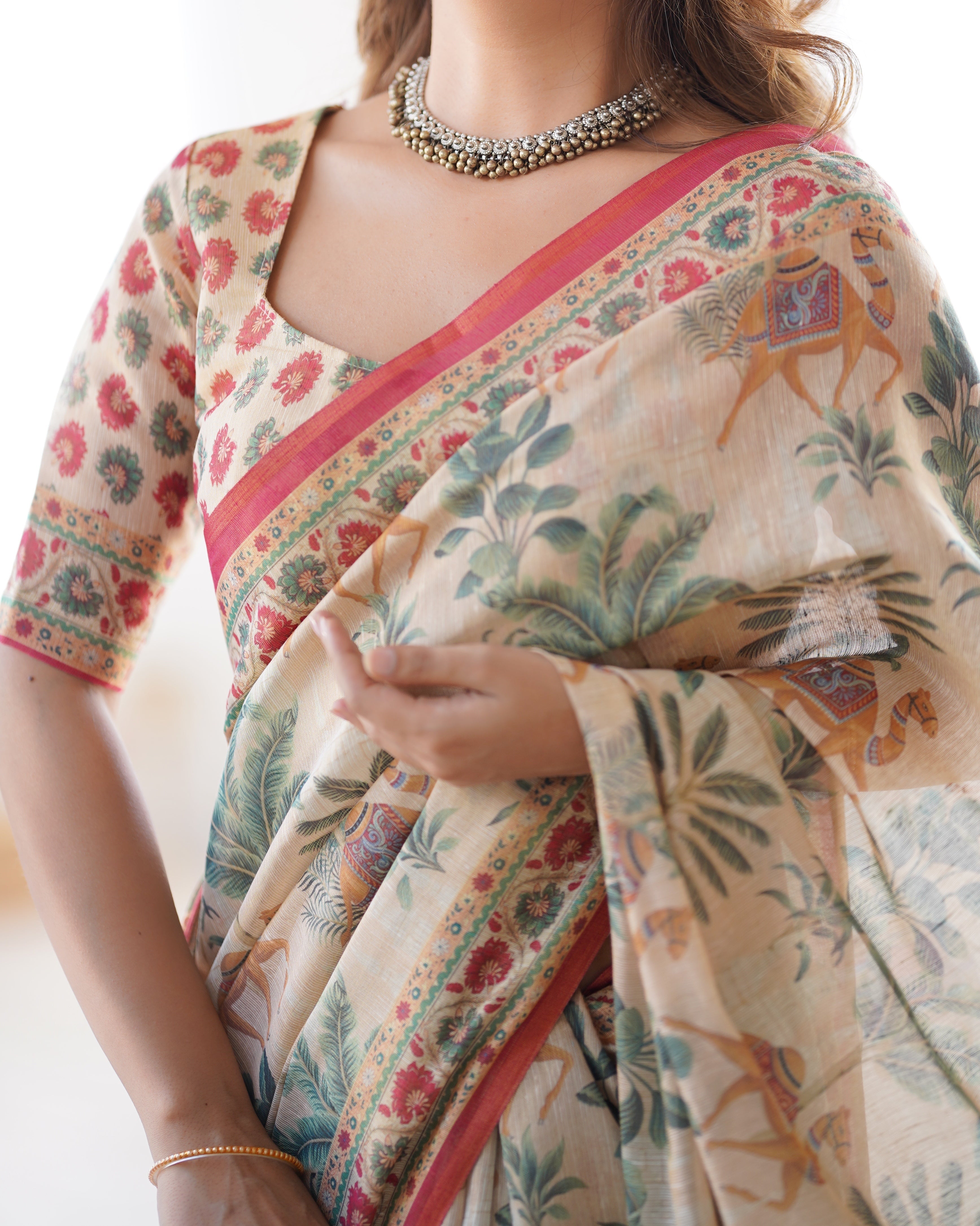 Beige & Red Handloom Linen Cotton Saree with Camel Caravan & Palace Artwork