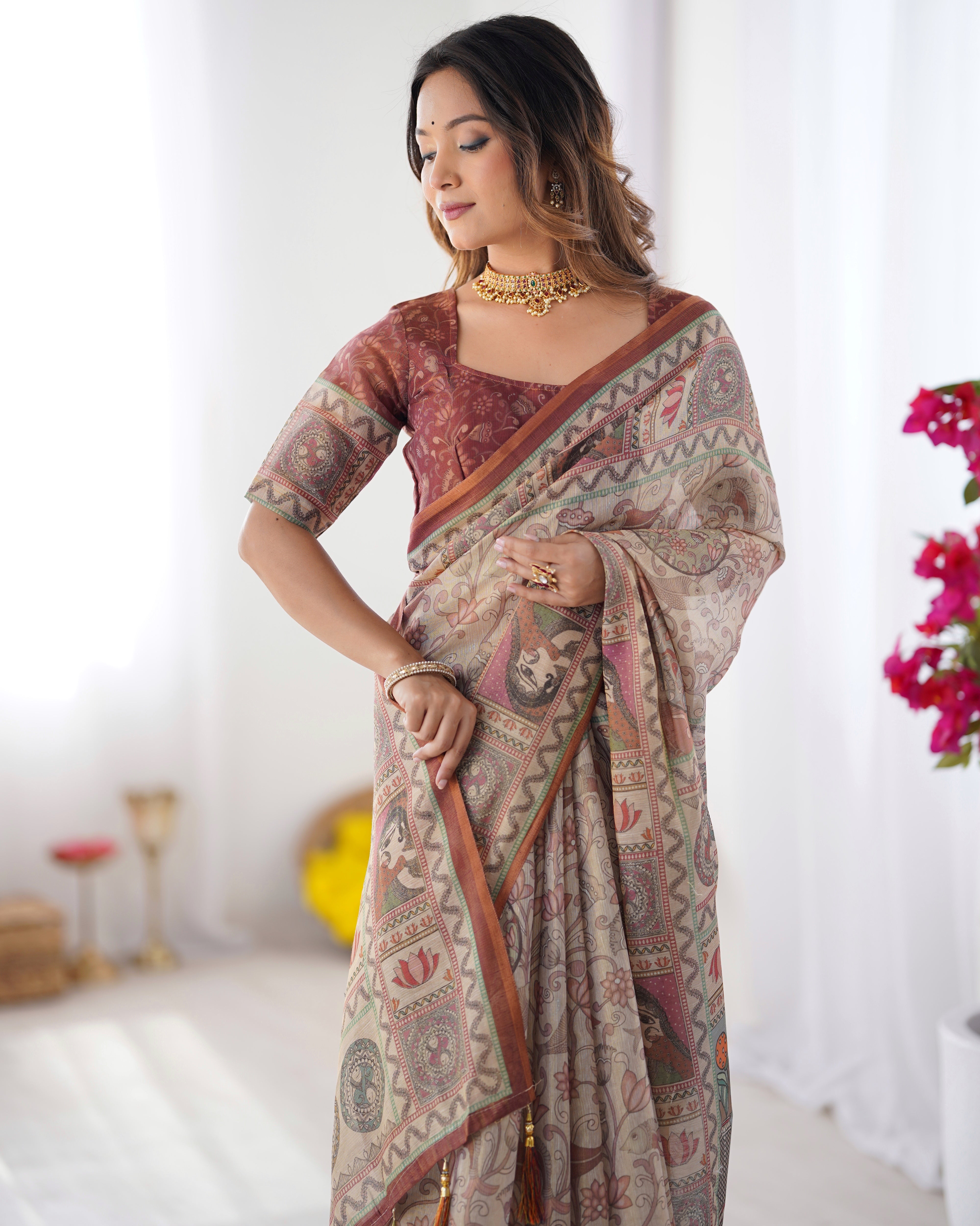 Beige & Maroon Handloom Cotton Saree with Royal Faces & Elephant Pallu Motif