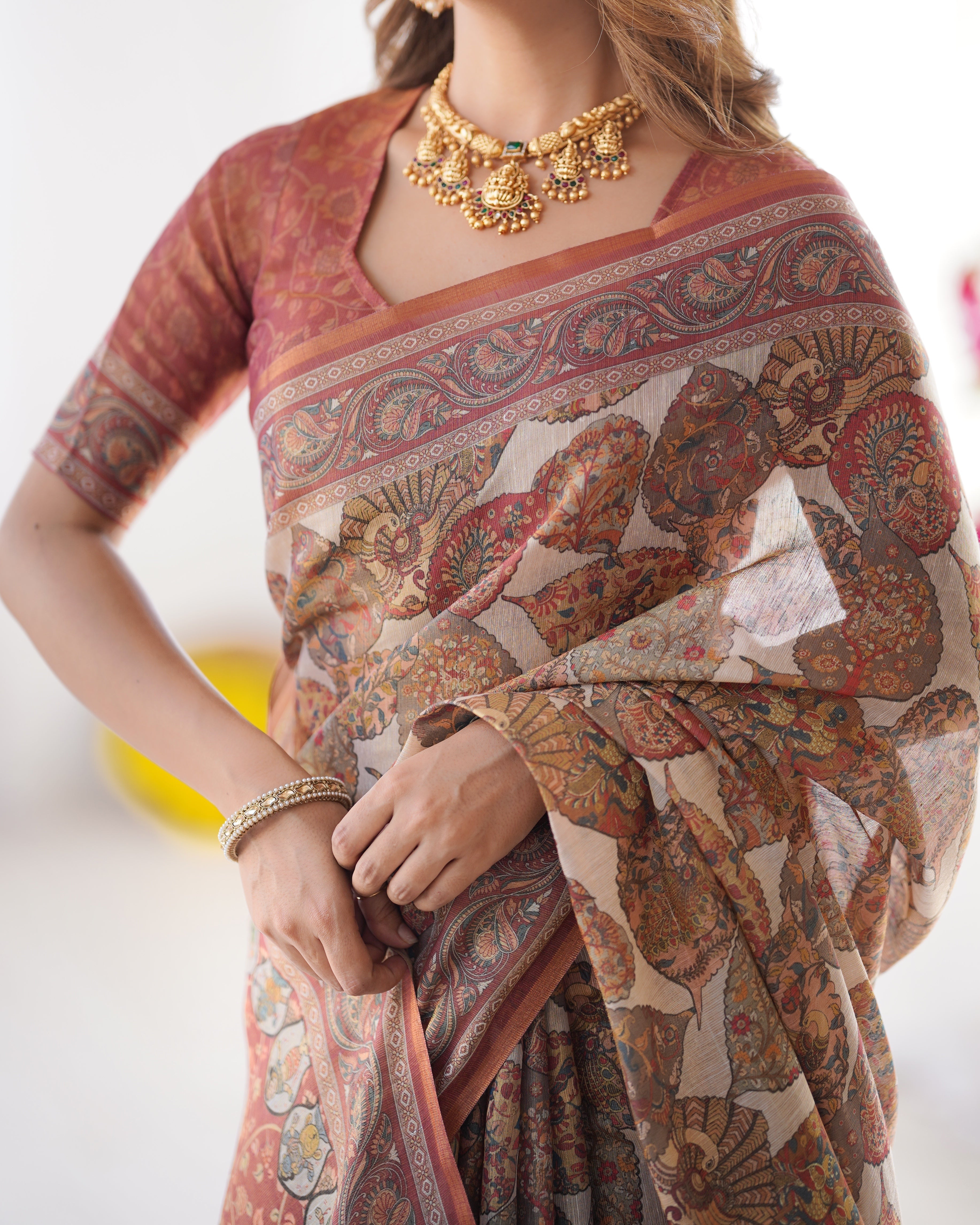 Rust Beige Pure Linen Cotton Saree with Paisley Motifs and Mandala Artwork