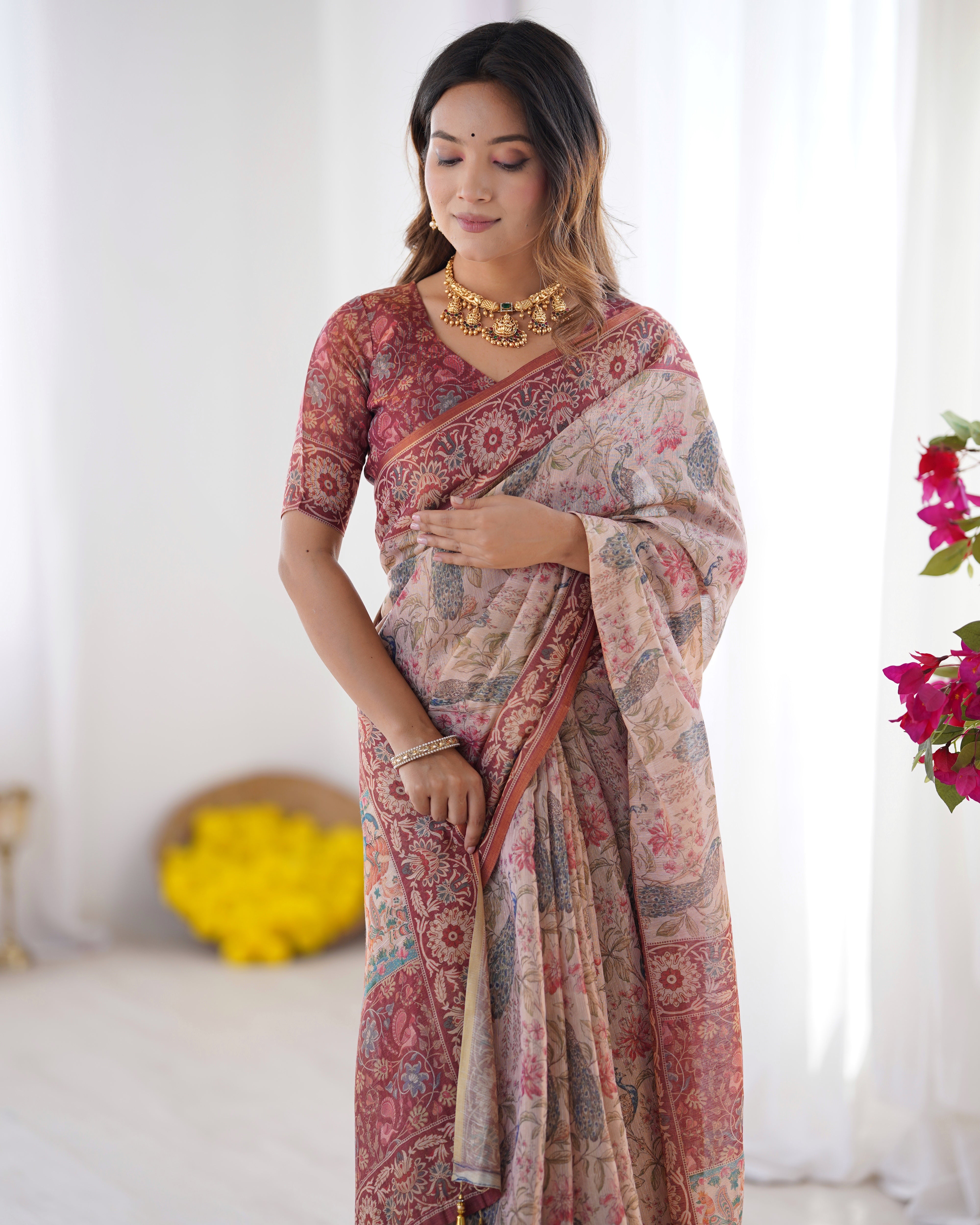 Blush Cream Handloom Linen Cotton Saree with Artistic Bird Motif Pallu