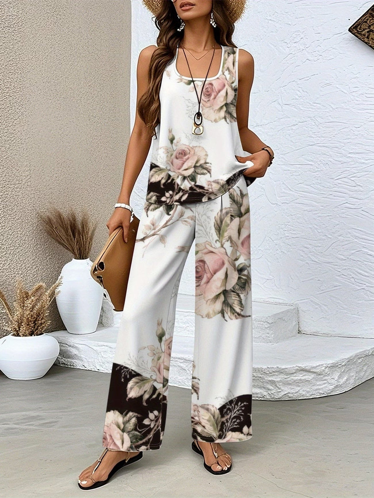 Chic Polka Dot Two-Piece Set – Stylish Top & Printed Pants Outfit for Women