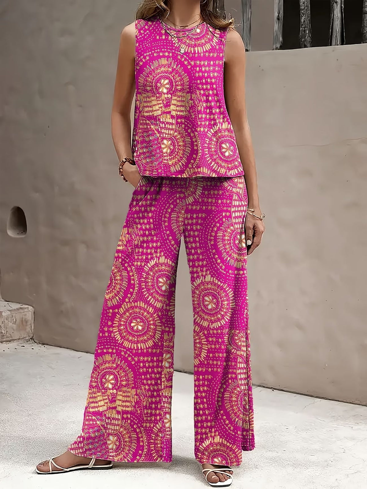 Chic Polka Dot Two-Piece Set – Stylish Top & Printed Pants Outfit for Women