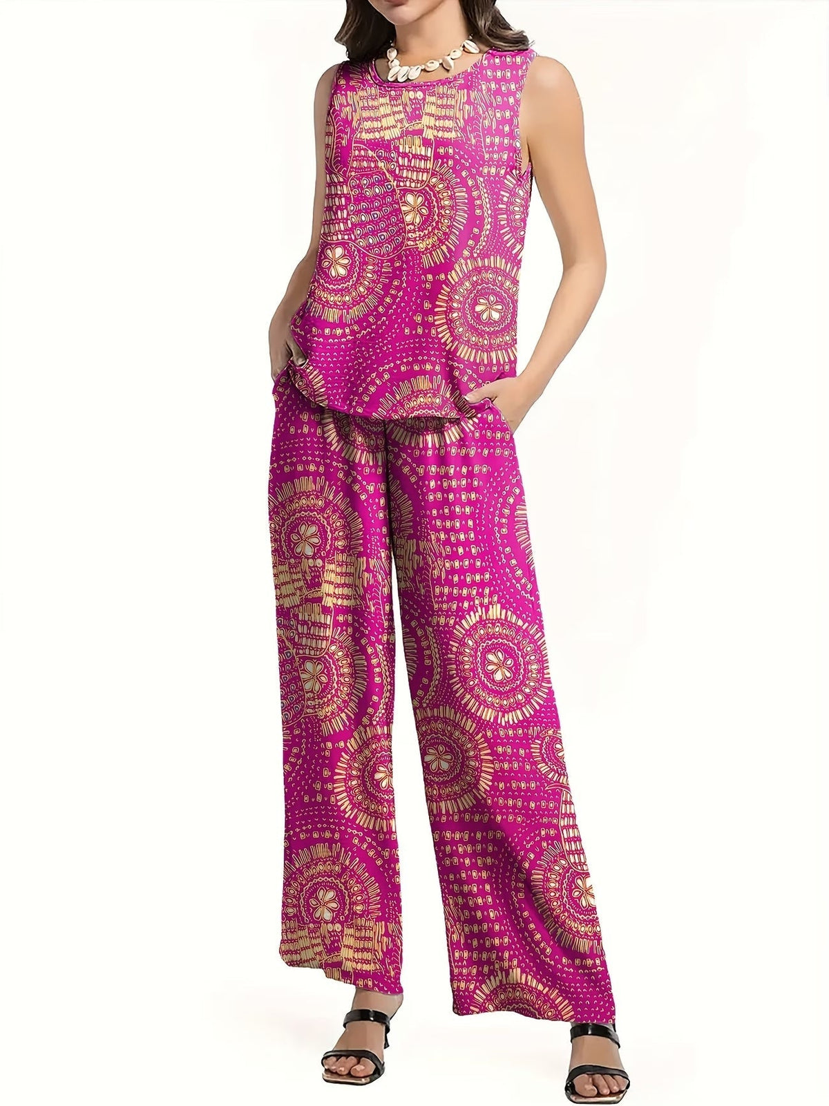 Chic Polka Dot Two-Piece Set – Stylish Top & Printed Pants Outfit for Women