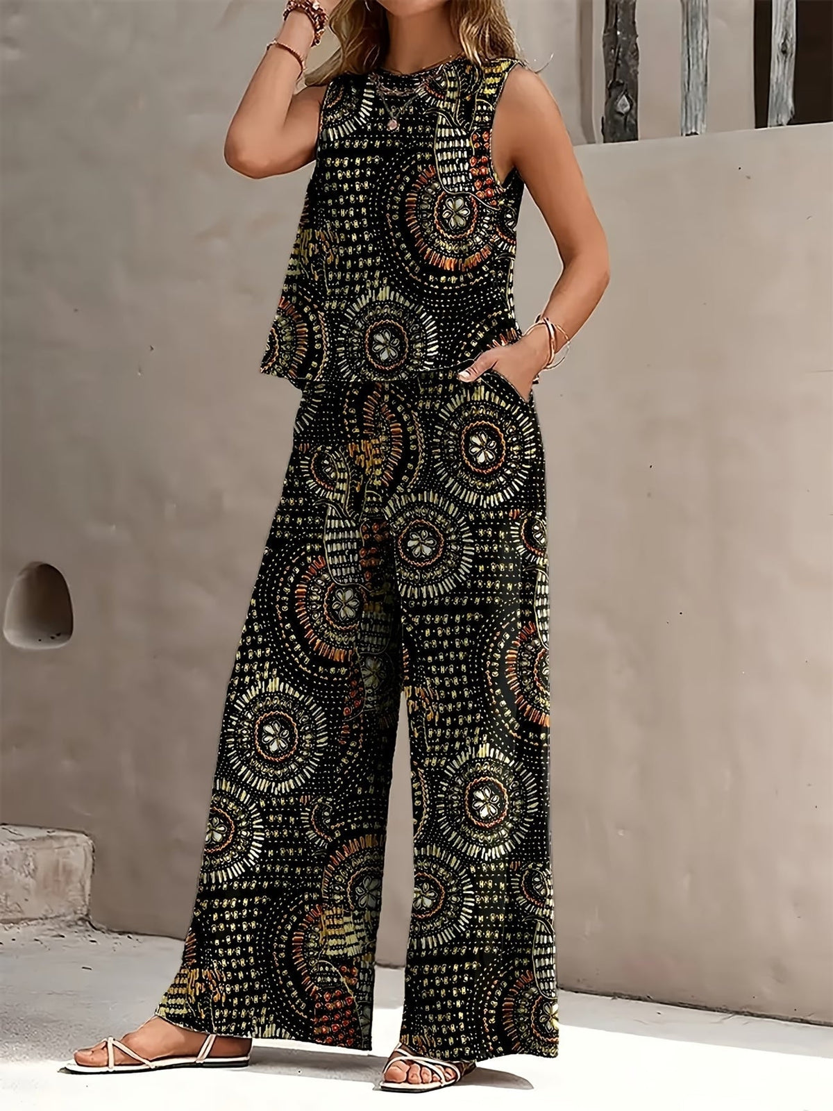 Chic Polka Dot Two-Piece Set – Stylish Top & Printed Pants Outfit for Women