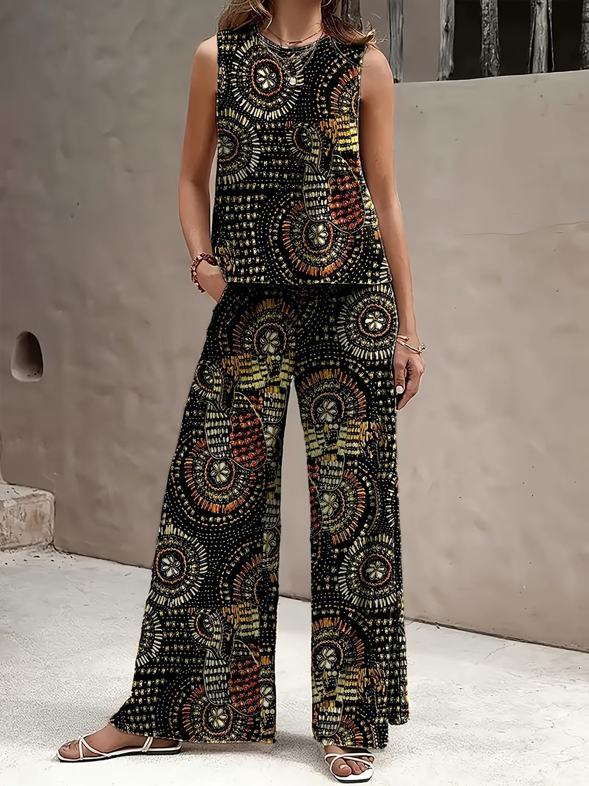 Chic Polka Dot Two-Piece Set – Stylish Top & Printed Pants Outfit for Women