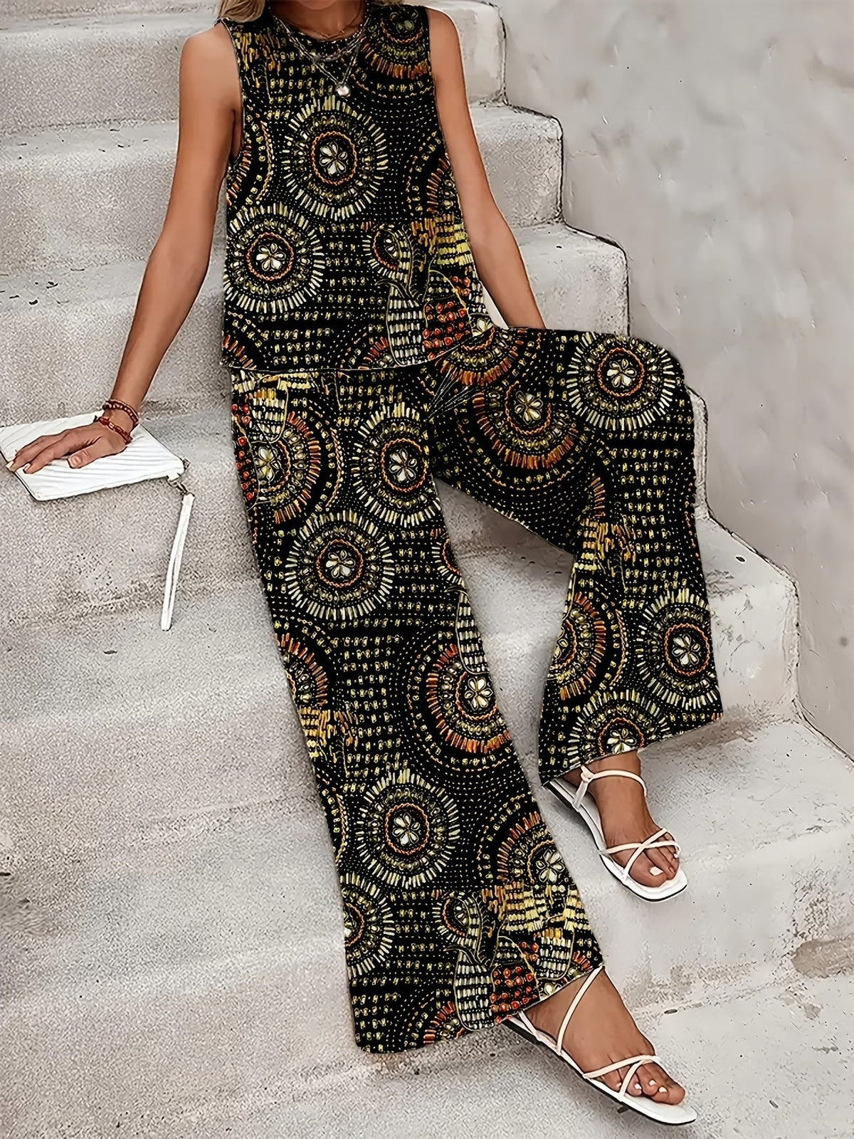 Chic Polka Dot Two-Piece Set – Stylish Top & Printed Pants Outfit for Women