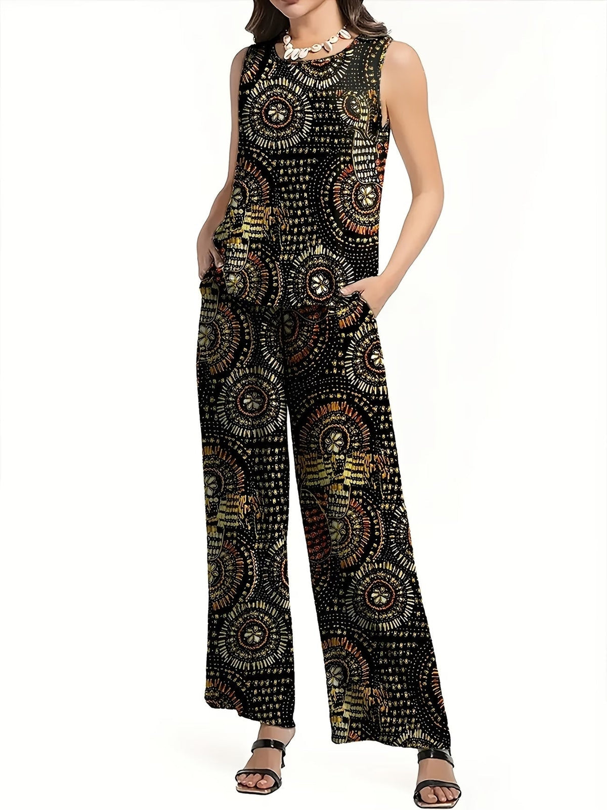 Chic Polka Dot Two-Piece Set – Stylish Top & Printed Pants Outfit for Women