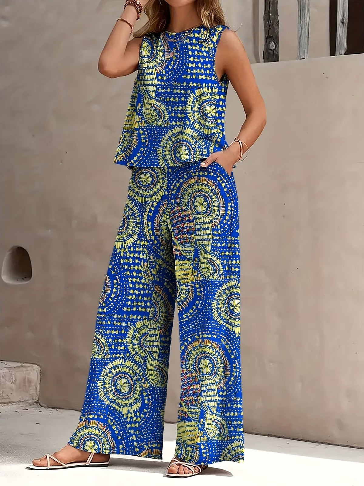 Chic Polka Dot Two-Piece Set – Stylish Top & Printed Pants Outfit for Women